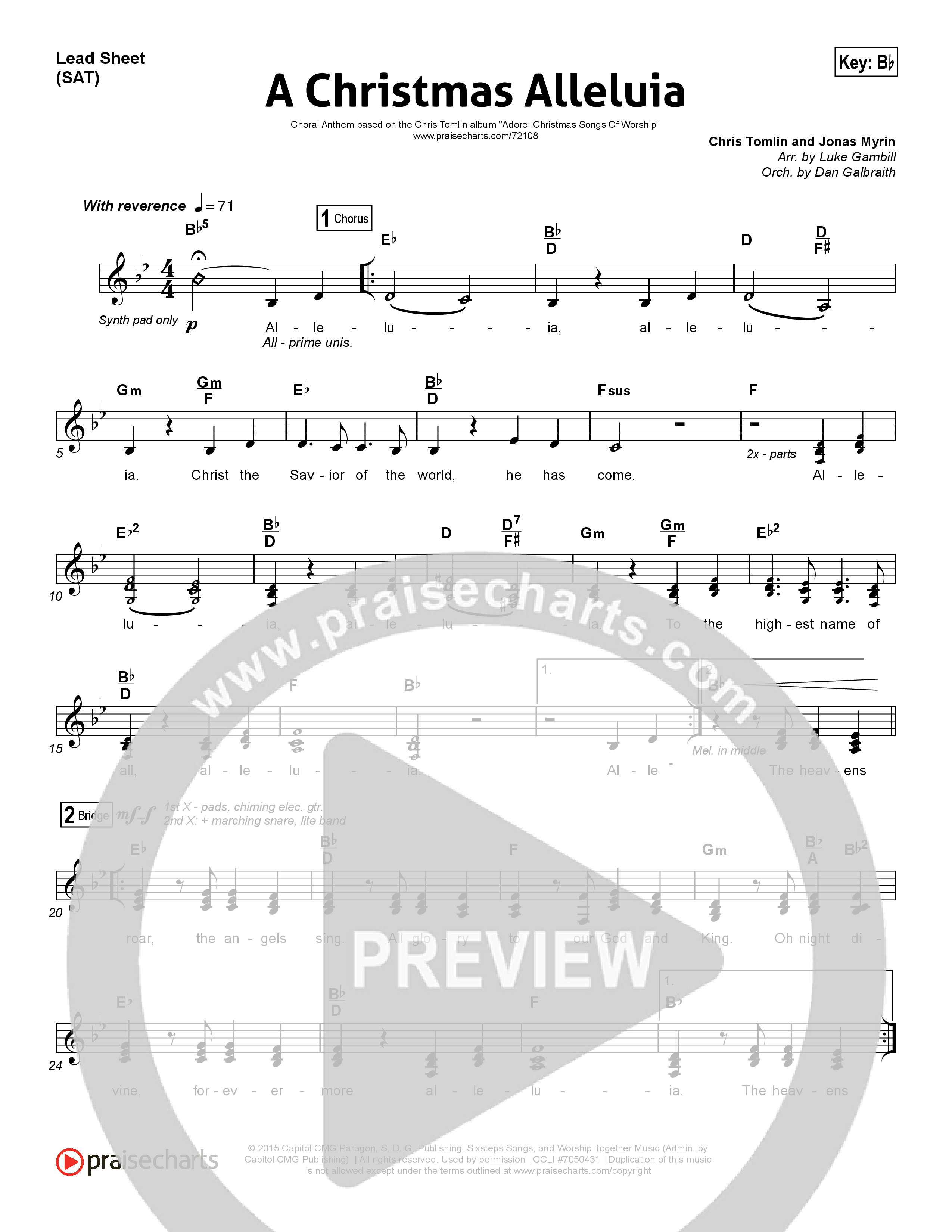 A Christmas Alleluia (Choral Anthem SATB) Lead Sheet (SAT) (Chris Tomlin / Lauren Daigle / Arr. Luke Gambill)