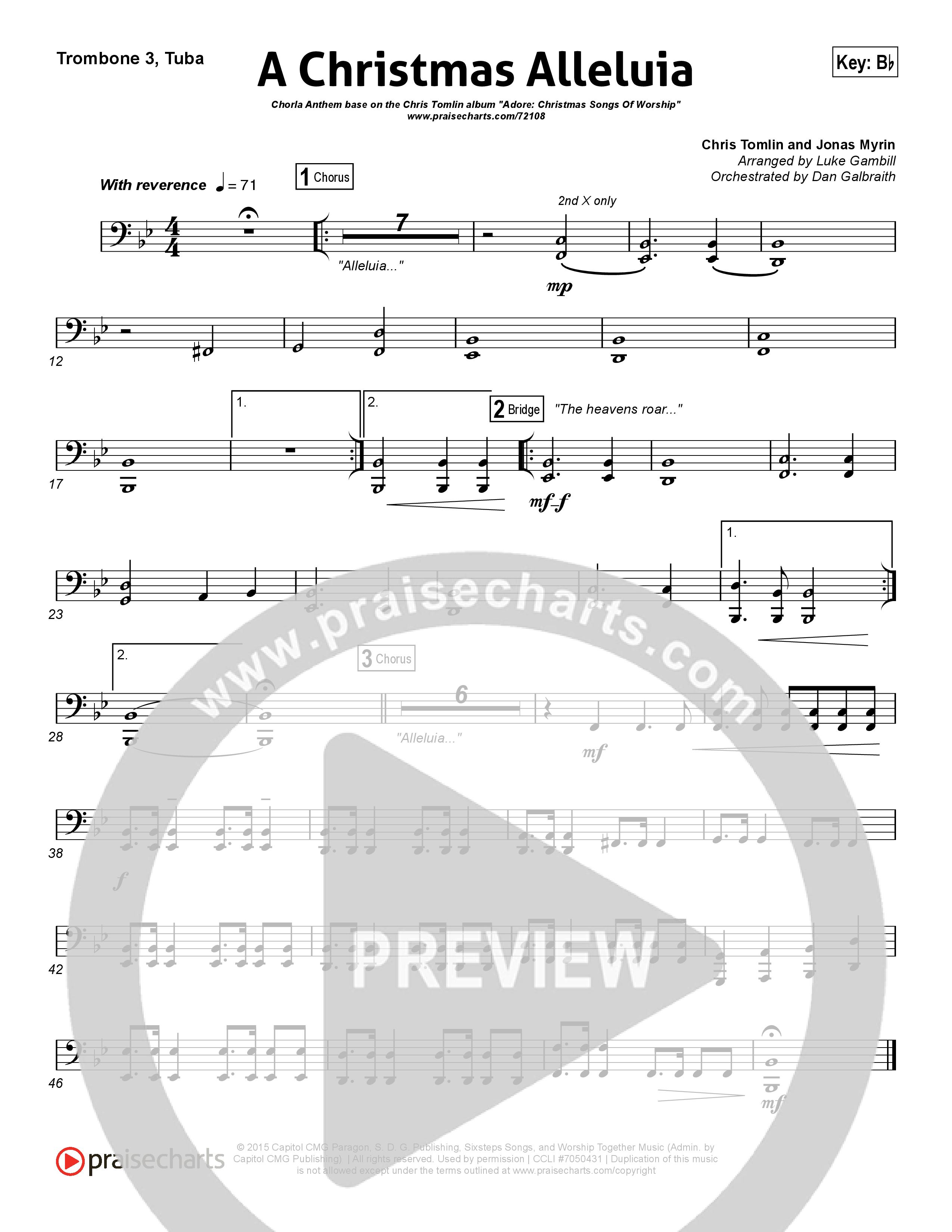 A Christmas Alleluia (Choral Anthem SATB) Trombone 3/Tuba (Chris Tomlin / Lauren Daigle / Arr. Luke Gambill)