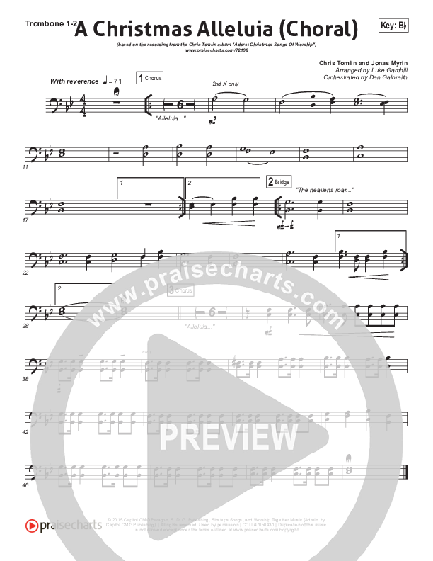 A Christmas Alleluia (Choral Anthem) Trombone 1/2 (Chris Tomlin / Lauren Daigle / PraiseCharts Choral / Arr. Luke Gambill)