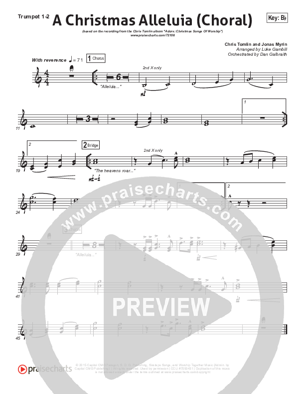 A Christmas Alleluia (Choral Anthem) Trumpet 1,2 (Chris Tomlin / Lauren Daigle / PraiseCharts Choral / Arr. Luke Gambill)