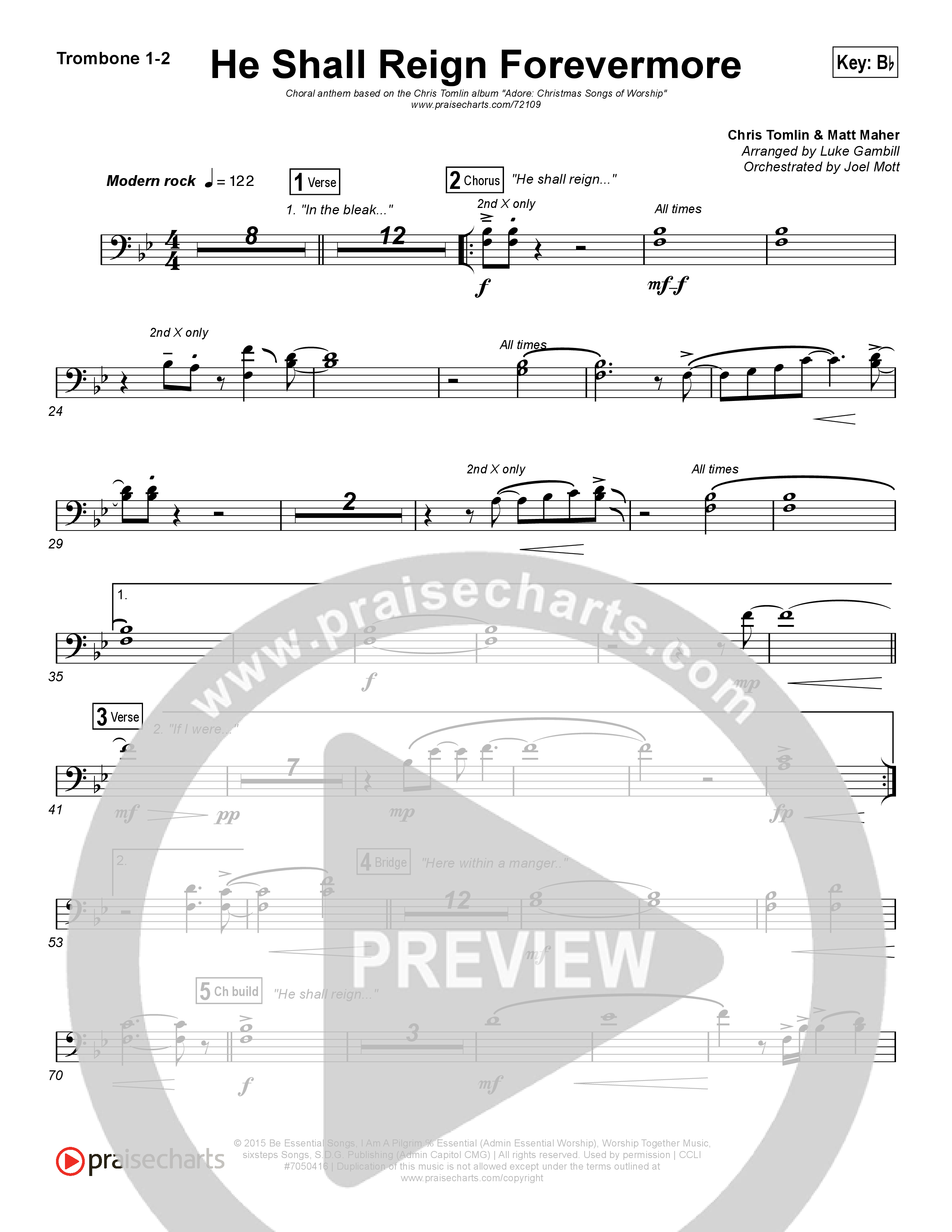 He Shall Reign Forevermore (Choral Anthem SATB) Trombone 1/2 (Chris Tomlin / Arr. Luke Gambill)