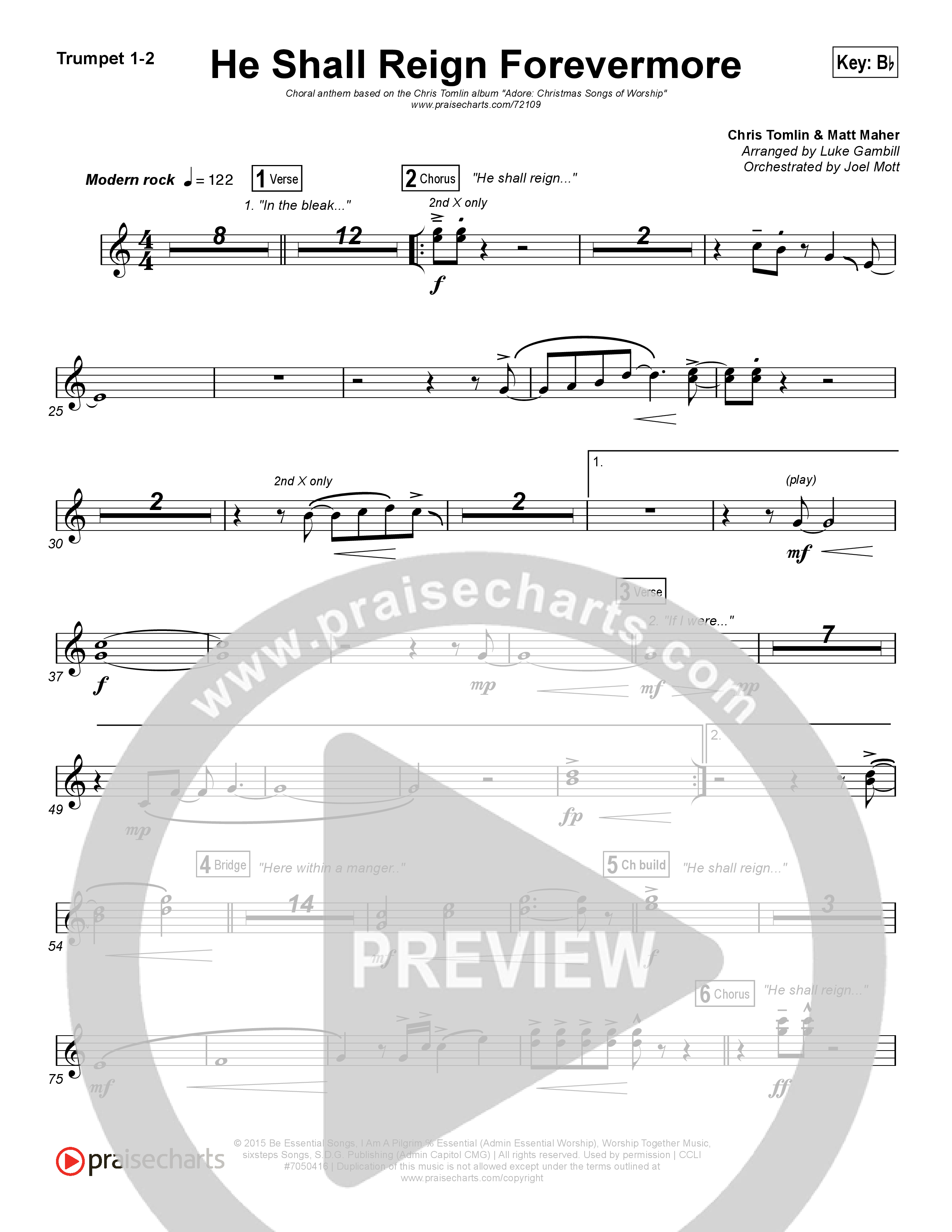 He Shall Reign Forevermore (Choral Anthem SATB) Trumpet 1,2 (Chris Tomlin / Arr. Luke Gambill)