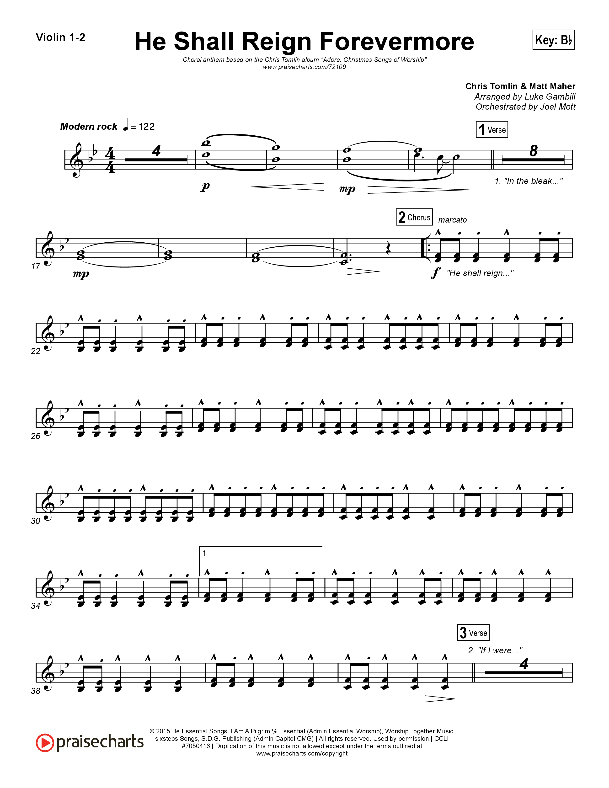 He Shall Reign Forevermore (Choral Anthem SATB) Violin 1/2 (Chris Tomlin / Arr. Luke Gambill)