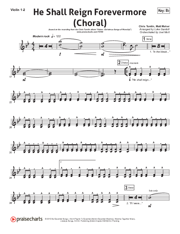 He Shall Reign Forevermore (Choral Anthem SATB) Violin 1/2 (Chris Tomlin / Arr. Luke Gambill)