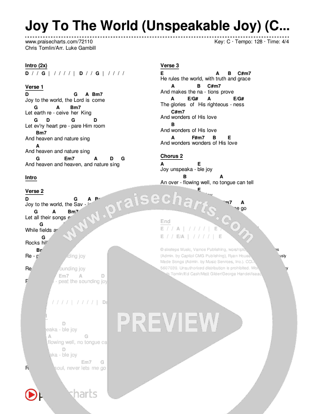 Joy To The World (Unspeakable Joy) (Choral Anthem SATB) Chords & Lyrics (Chris Tomlin / Arr. Luke Gambill)