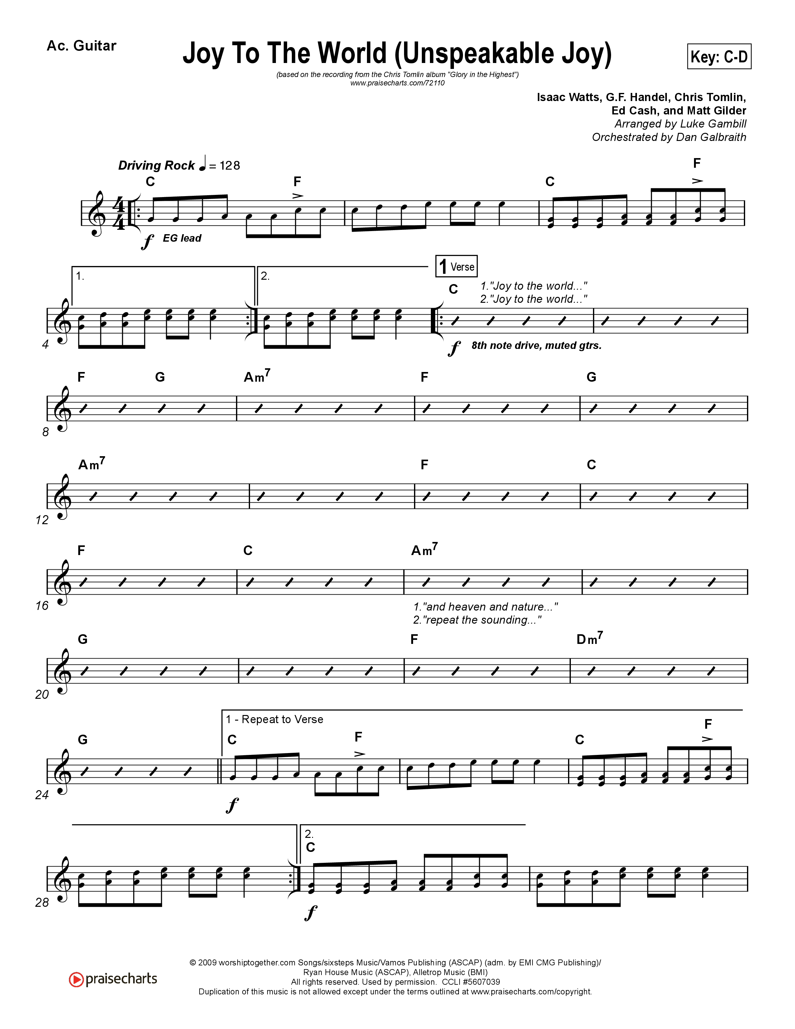 Joy To The World (Unspeakable Joy) (Choral Anthem SATB) Acoustic Guitar (Chris Tomlin / Arr. Luke Gambill)