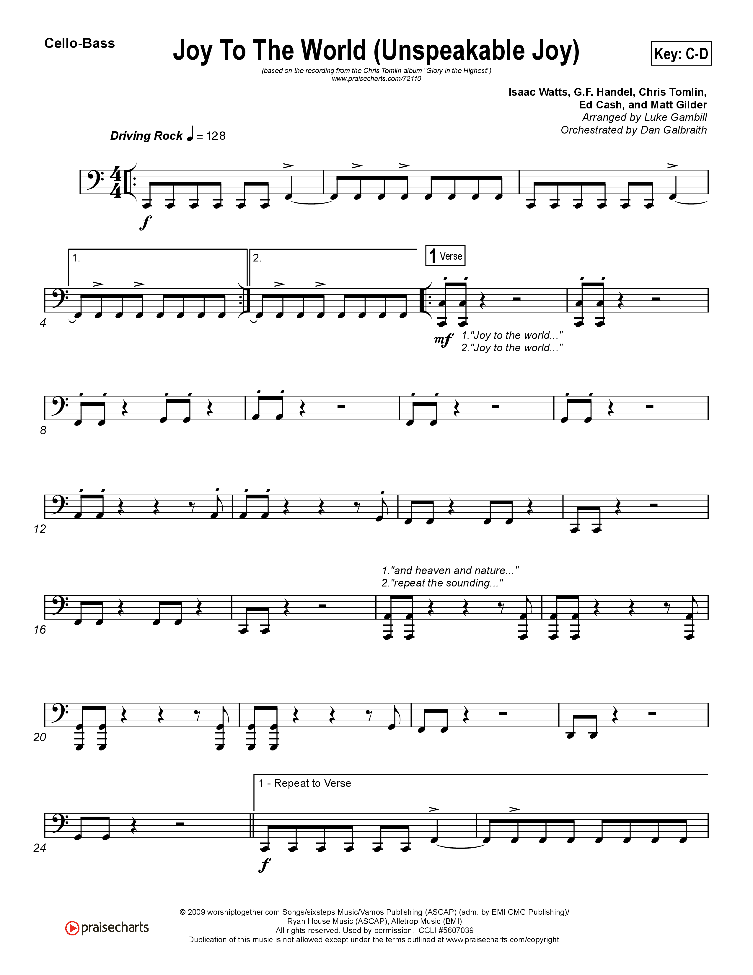 Joy To The World (Unspeakable Joy) (Choral Anthem SATB) Cello/Bass (Chris Tomlin / Arr. Luke Gambill)