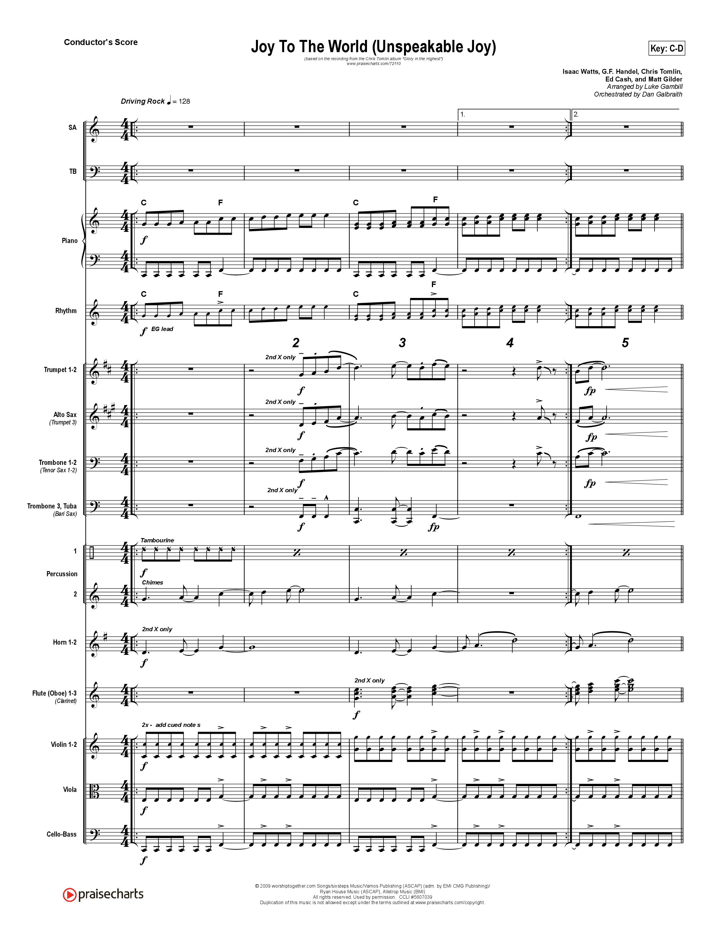 Joy To The World (Unspeakable Joy) (Choral Anthem SATB) Conductor's Score (Chris Tomlin / Arr. Luke Gambill)