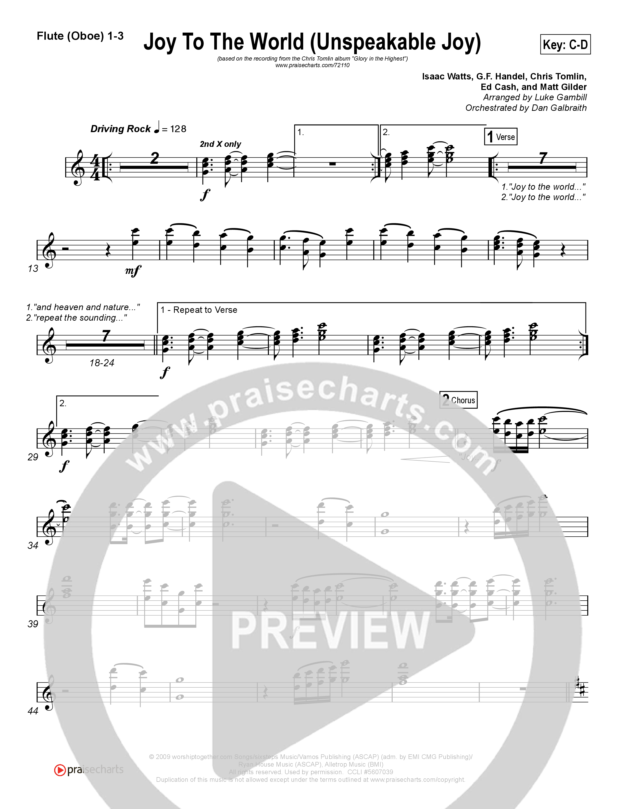 Joy To The World (Unspeakable Joy) (Choral Anthem SATB) Flute/Oboe 1/2/3 (Chris Tomlin / Arr. Luke Gambill)