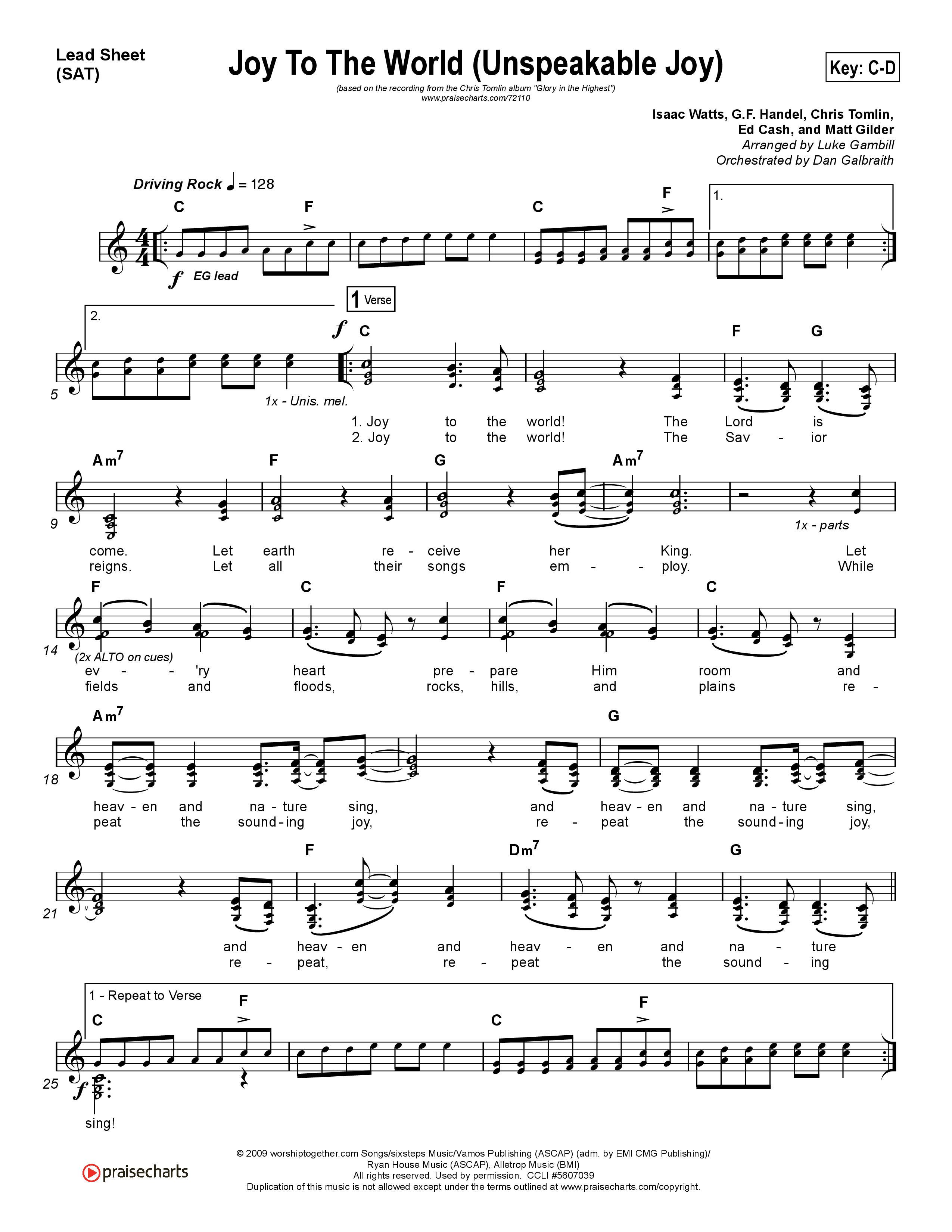 Joy To The World (Unspeakable Joy) (Choral Anthem SATB) Lead Sheet (SAT) (Chris Tomlin / Arr. Luke Gambill)