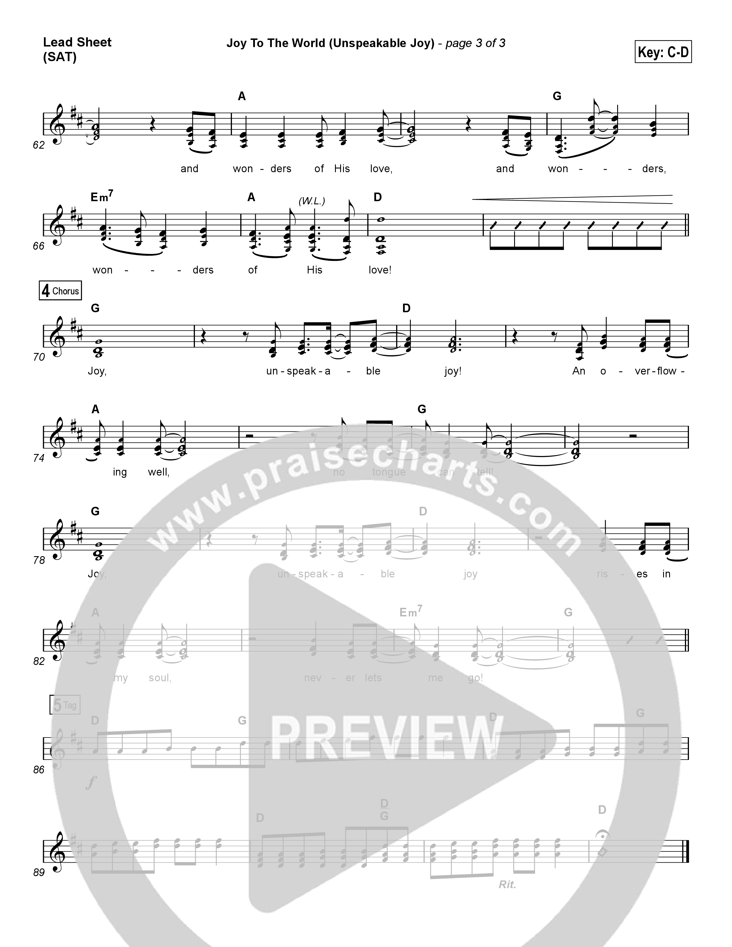 Joy To The World (Unspeakable Joy) (Choral Anthem SATB) Lead Sheet (SAT) (Chris Tomlin / Arr. Luke Gambill)
