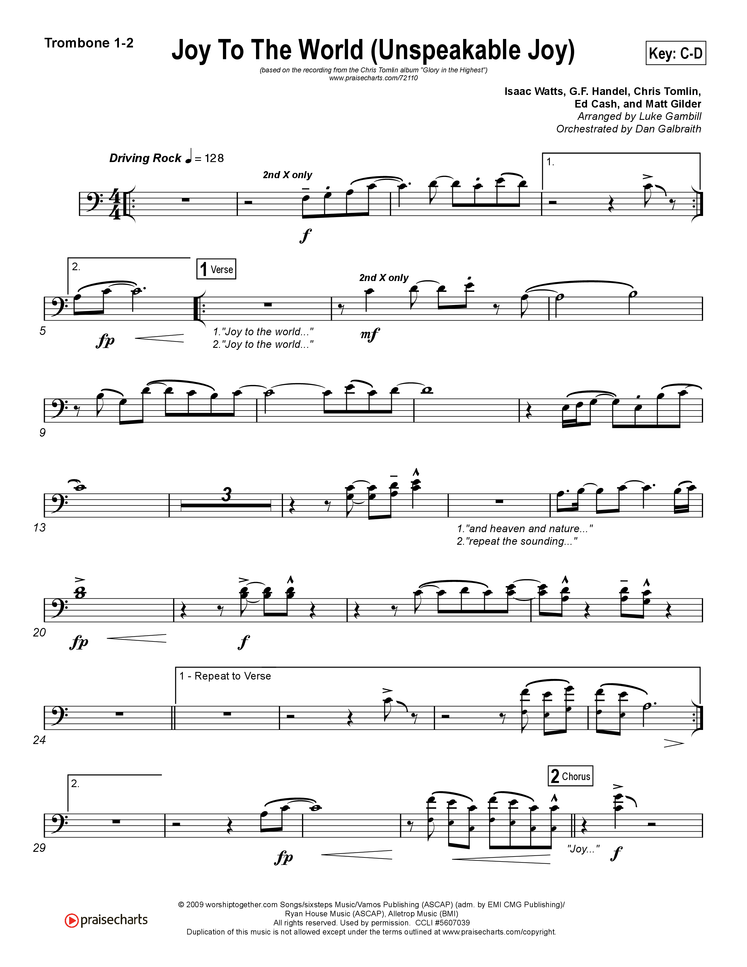 Joy To The World (Unspeakable Joy) (Choral Anthem SATB) Trombone 1/2 (Chris Tomlin / Arr. Luke Gambill)