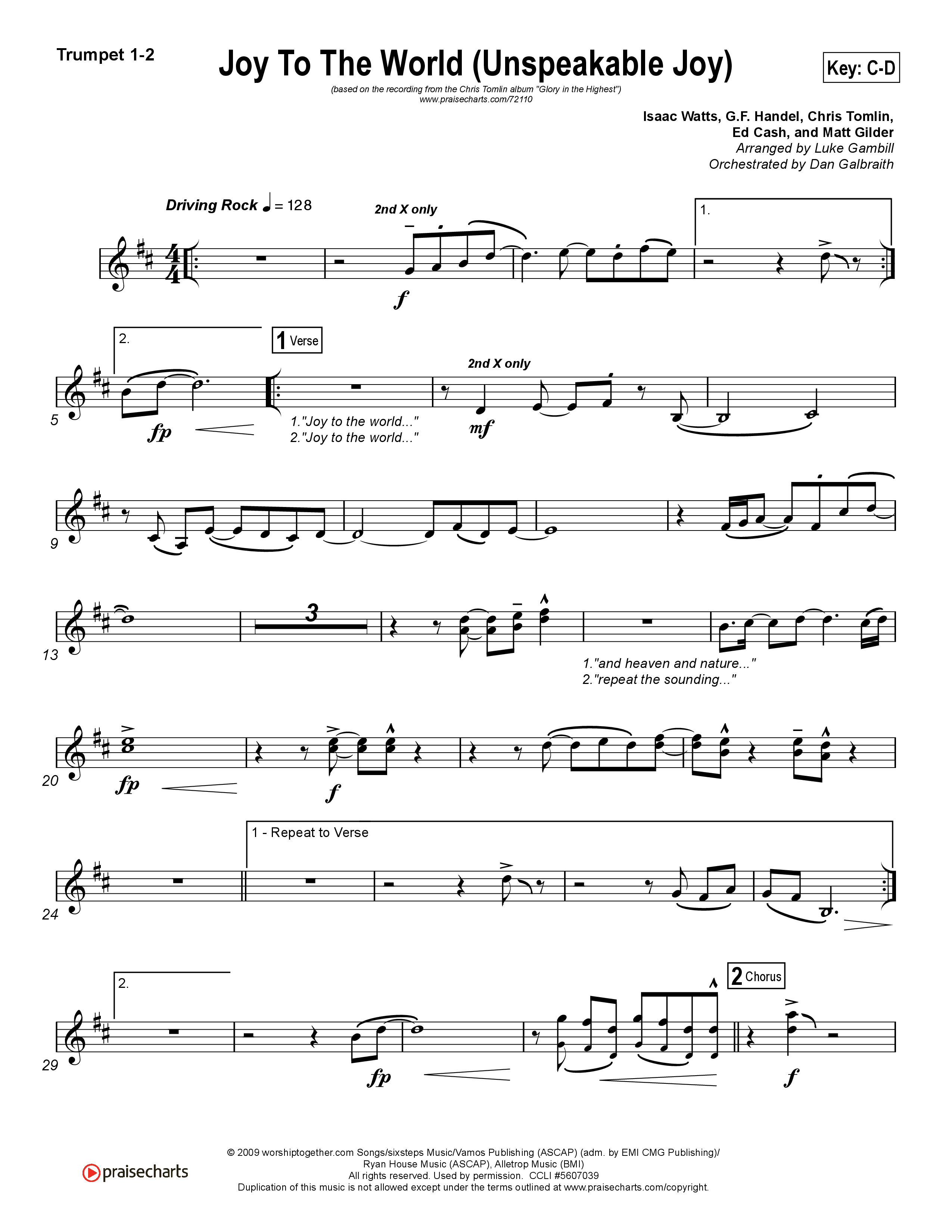Joy To The World (Unspeakable Joy) (Choral Anthem SATB) Trumpet 1,2 (Chris Tomlin / Arr. Luke Gambill)