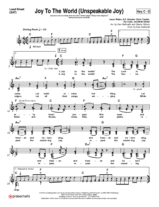 Joy To The World (Unspeakable Joy) (Choral Anthem SATB) Lead Sheet (SAT) (Chris Tomlin / Arr. Luke Gambill)