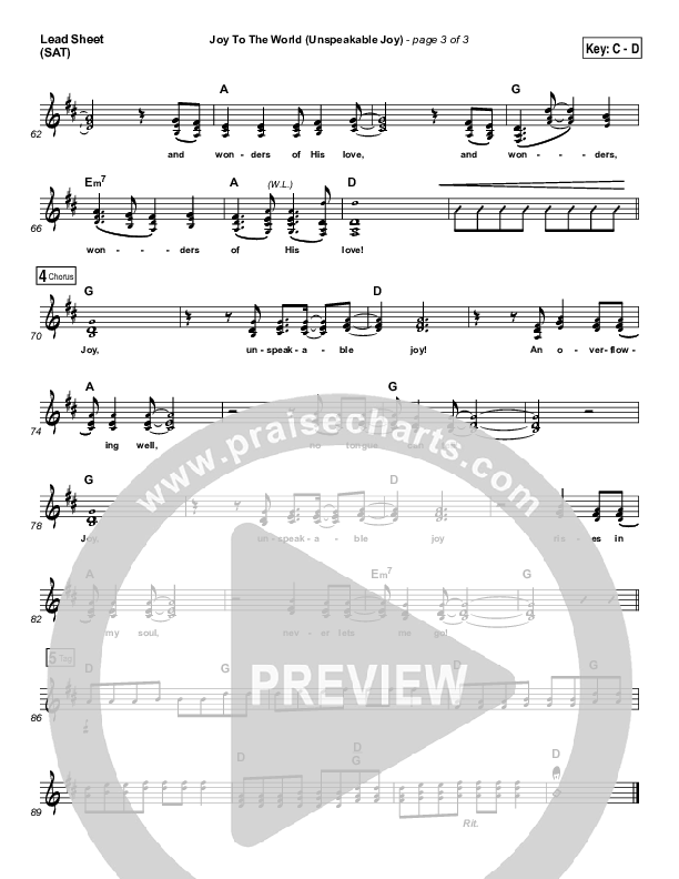 Joy To The World (Unspeakable Joy) (Choral Anthem SATB) Lead Sheet (SAT) (Chris Tomlin / Arr. Luke Gambill)