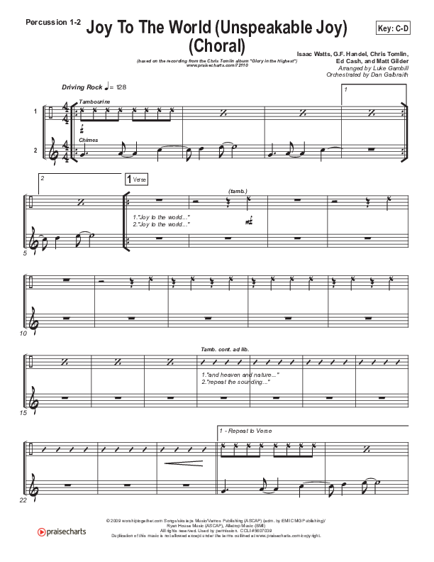 Joy To The World (Unspeakable Joy) (Choral Anthem SATB) Percussion 1/2 (Chris Tomlin / Arr. Luke Gambill)