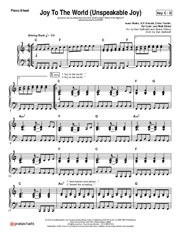 Joy To The World (Unspeakable Joy) (Choral Anthem SATB) Piano Sheet (Chris Tomlin / Arr. Luke Gambill)