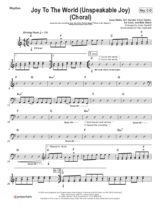 Joy To The World (Unspeakable Joy) (Choral Anthem SATB) Rhythm Chart (Chris Tomlin / Arr. Luke Gambill)
