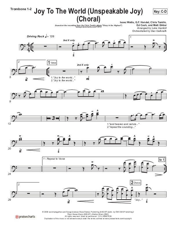 Joy To The World (Unspeakable Joy) (Choral Anthem SATB) Trombone 1/2 (Chris Tomlin / Arr. Luke Gambill)