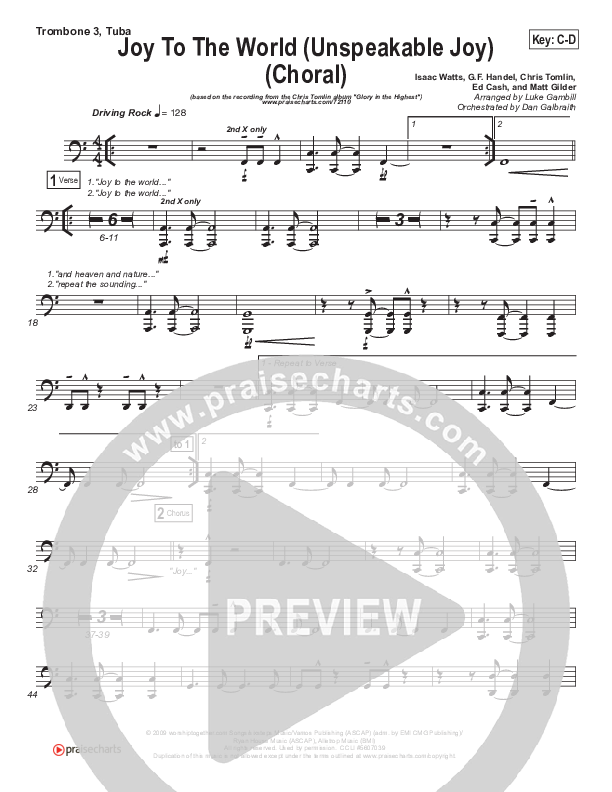 Joy To The World (Unspeakable Joy) (Choral Anthem SATB) Trombone 3/Tuba (Chris Tomlin / Arr. Luke Gambill)
