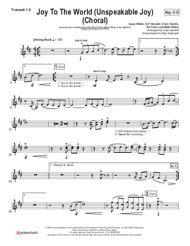 Joy To The World (Unspeakable Joy) (Choral Anthem SATB) Trumpet 1,2 (Chris Tomlin / Arr. Luke Gambill)