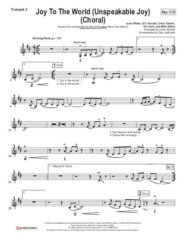 Joy To The World (Unspeakable Joy) (Choral Anthem SATB) Trumpet 3 (Chris Tomlin / Arr. Luke Gambill)