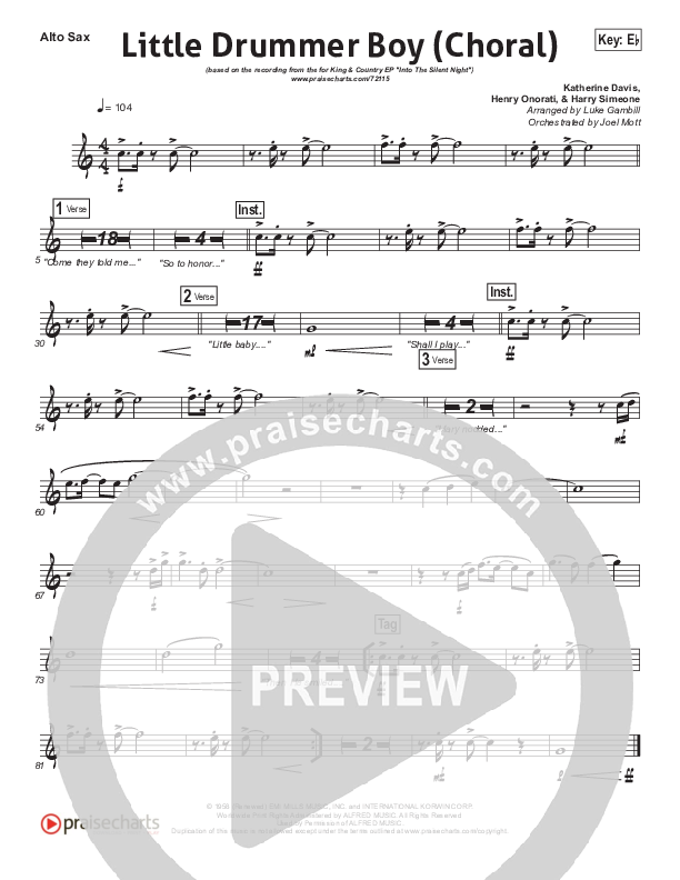 Little Drummer Boy (Choral Anthem SATB) Alto Sax (for KING & COUNTRY / Arr. Luke Gambill)