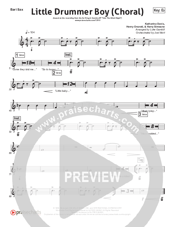 Little Drummer Boy (Choral Anthem SATB) Bari Sax (for KING & COUNTRY / Arr. Luke Gambill)