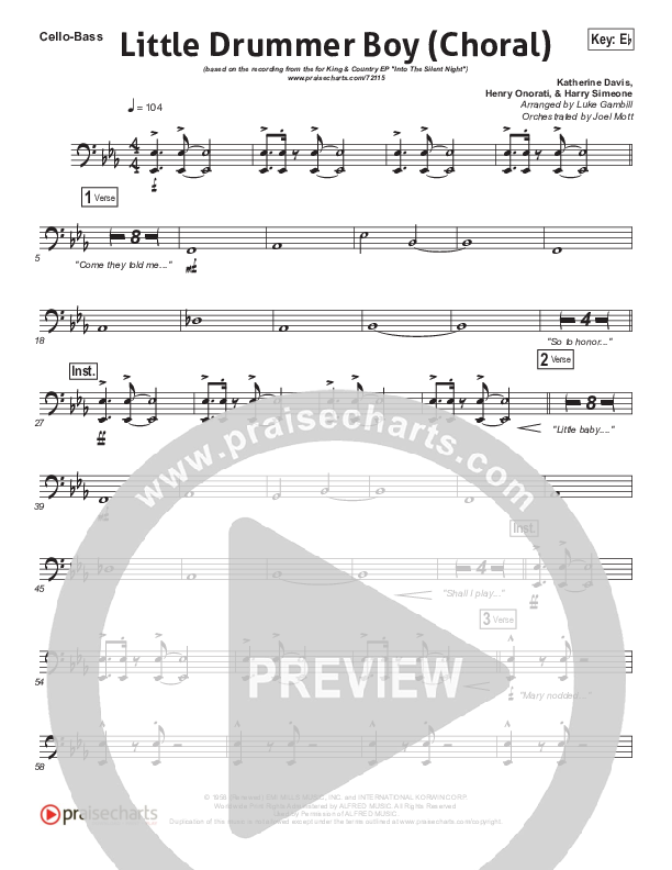 Little Drummer Boy (Choral Anthem SATB) Cello/Bass (for KING & COUNTRY / Arr. Luke Gambill)