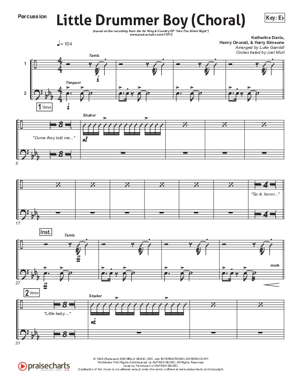 Little Drummer Boy (Choral Anthem SATB) Percussion (for KING & COUNTRY / Arr. Luke Gambill)