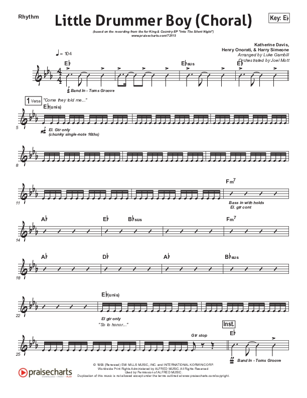 Little Drummer Boy (Choral Anthem SATB) Rhythm Chart (for KING & COUNTRY / Arr. Luke Gambill)