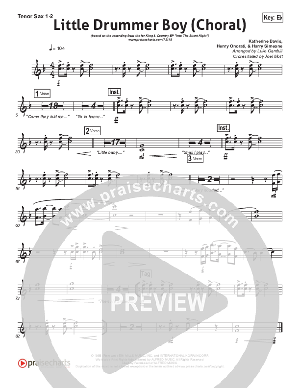 Little Drummer Boy (Choral Anthem SATB) Tenor Sax 1/2 (for KING & COUNTRY / Arr. Luke Gambill)