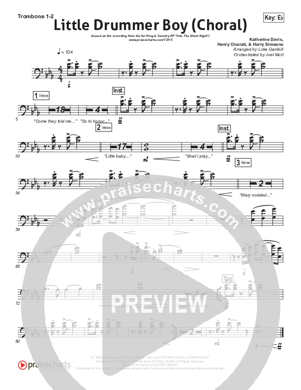Little Drummer Boy (Choral Anthem SATB) Trombone 1/2 (for KING & COUNTRY / Arr. Luke Gambill)