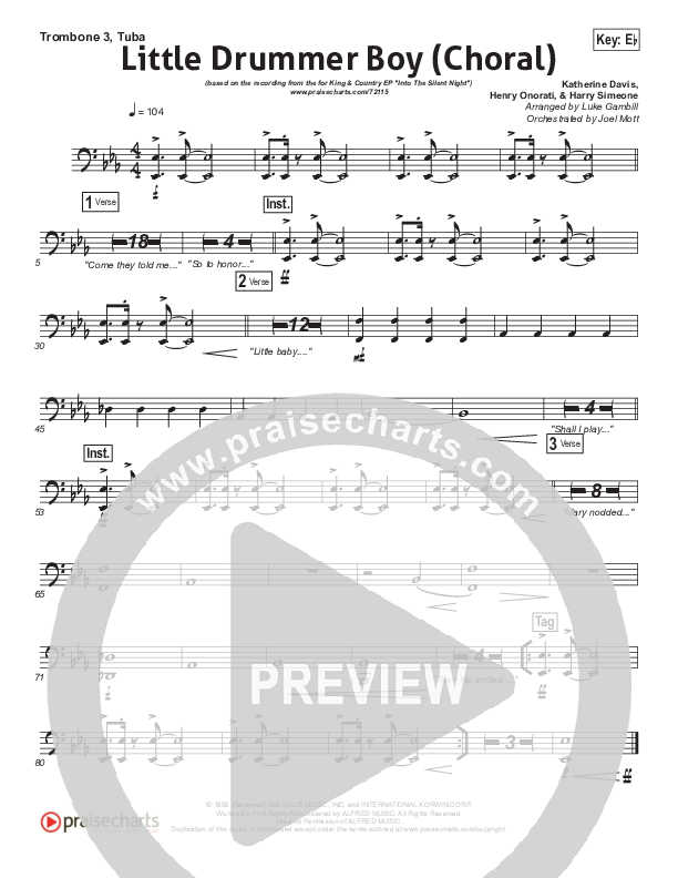 Little Drummer Boy (Choral Anthem SATB) Trombone 3/Tuba (for KING & COUNTRY / Arr. Luke Gambill)