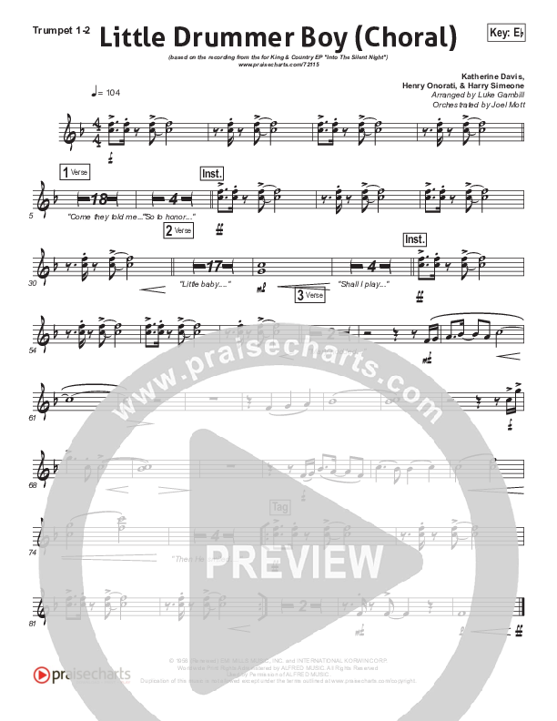 Little Drummer Boy (Choral Anthem SATB) Trumpet 1,2 (for KING & COUNTRY / Arr. Luke Gambill)