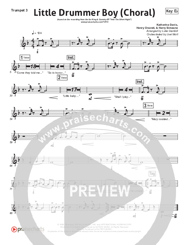 Little Drummer Boy (Choral Anthem SATB) Trumpet 3 (for KING & COUNTRY / Arr. Luke Gambill)