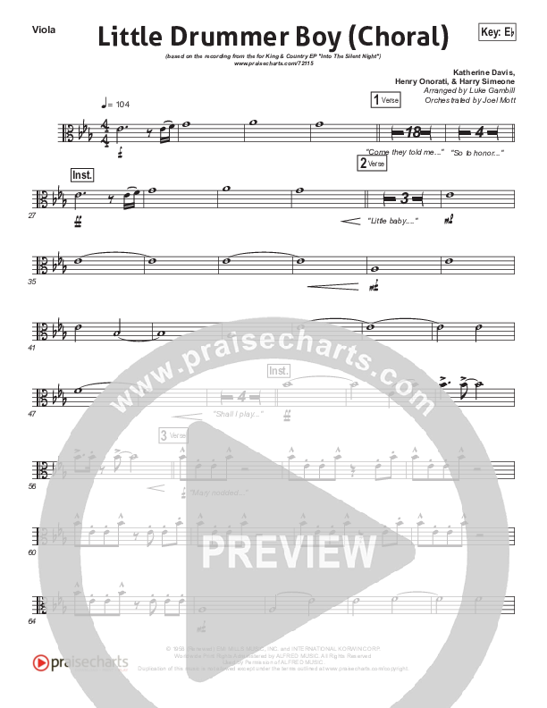 Little Drummer Boy (Choral Anthem SATB) Viola (for KING & COUNTRY / Arr. Luke Gambill)