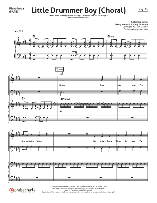 Little Drummer Boy (Choral Anthem SATB) Piano/Vocal Pack (for KING & COUNTRY / Arr. Luke Gambill)