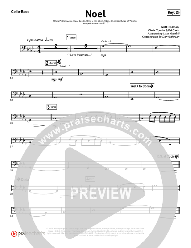 Noel (Choral Anthem SATB) Cello/Bass (Lauren Daigle / Arr. Luke Gambill)
