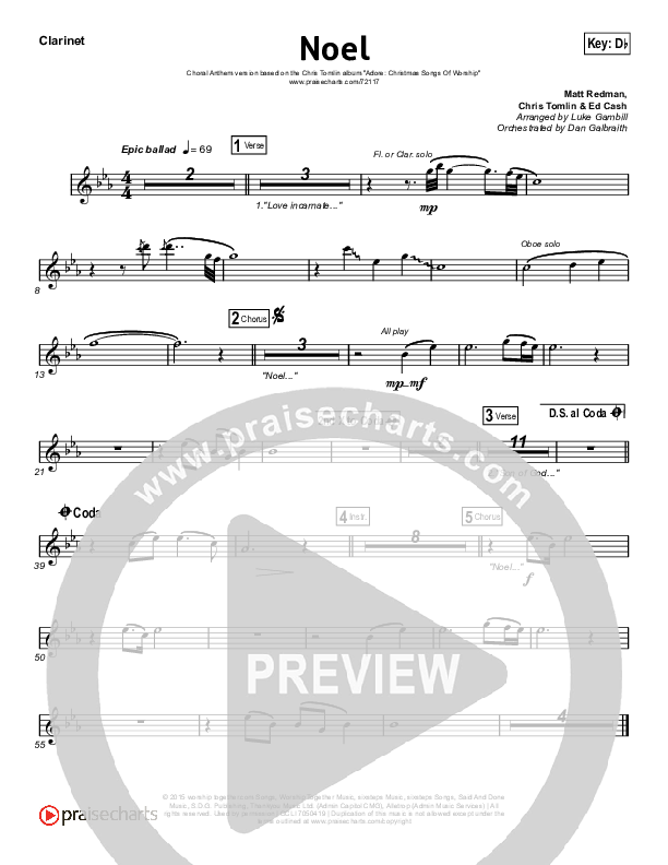Noel (Choral Anthem SATB) Clarinet 1,2 (Lauren Daigle / Arr. Luke Gambill)
