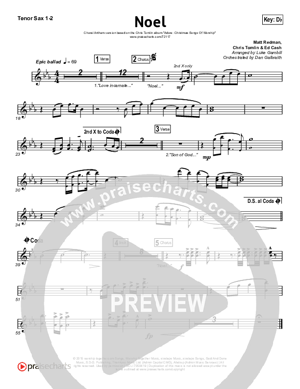 Noel (Choral Anthem SATB) Tenor Sax 1,2 (Lauren Daigle / Arr. Luke Gambill)