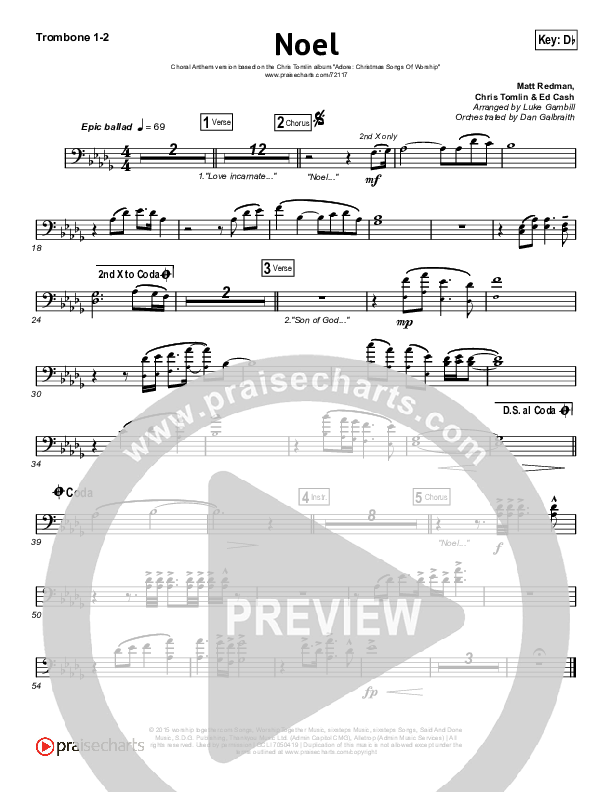 Noel (Choral Anthem SATB) Trombone 1/2 (Lauren Daigle / Arr. Luke Gambill)
