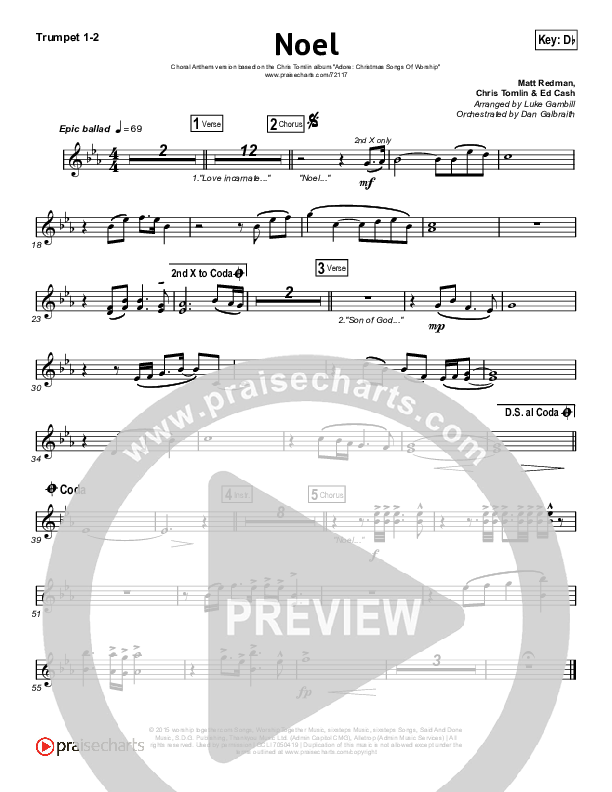 Noel (Choral Anthem SATB) Trumpet 1,2 (Lauren Daigle / Arr. Luke Gambill)