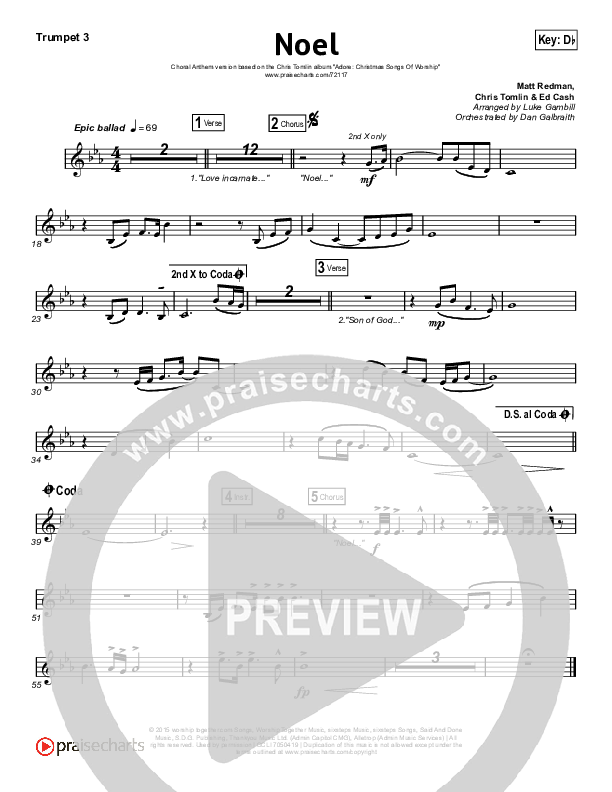 Noel (Choral Anthem SATB) Trumpet 1,2 (Lauren Daigle / Arr. Luke Gambill)