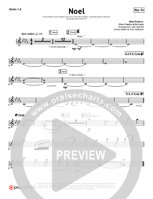 Noel (Choral Anthem SATB) Violin 1,2 (Lauren Daigle / Arr. Luke Gambill)
