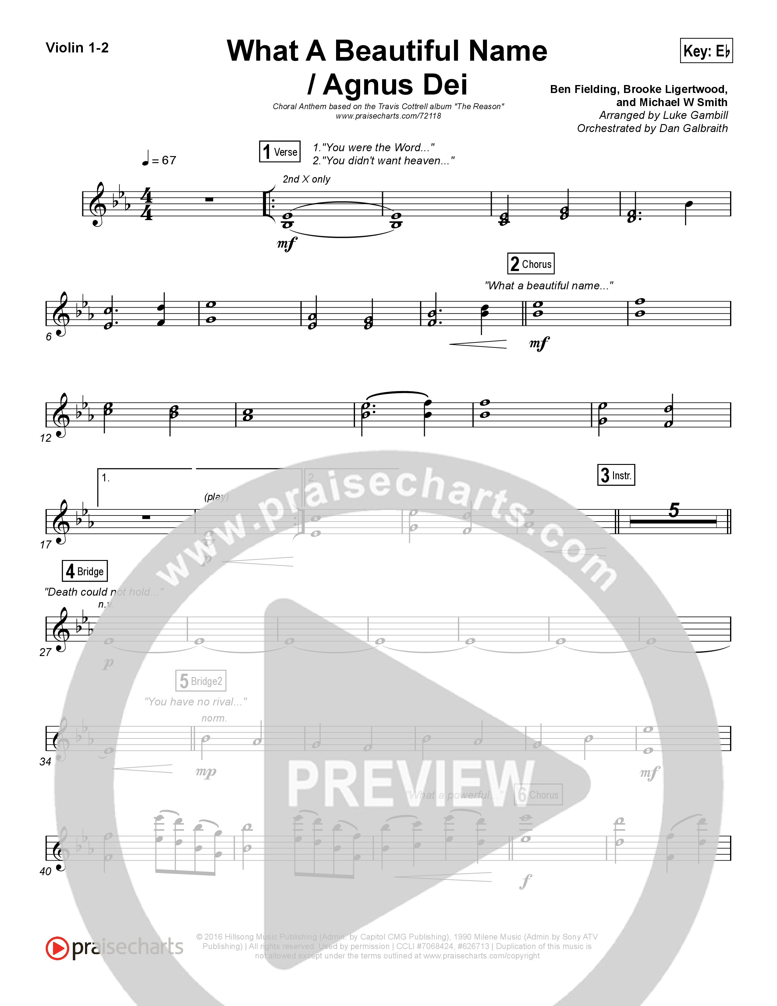 What A Beautiful Name / Agnus Dei (Medley) (Choral Anthem SATB) Violin 1/2 (Travis Cottrell / Arr. Luke Gambill)