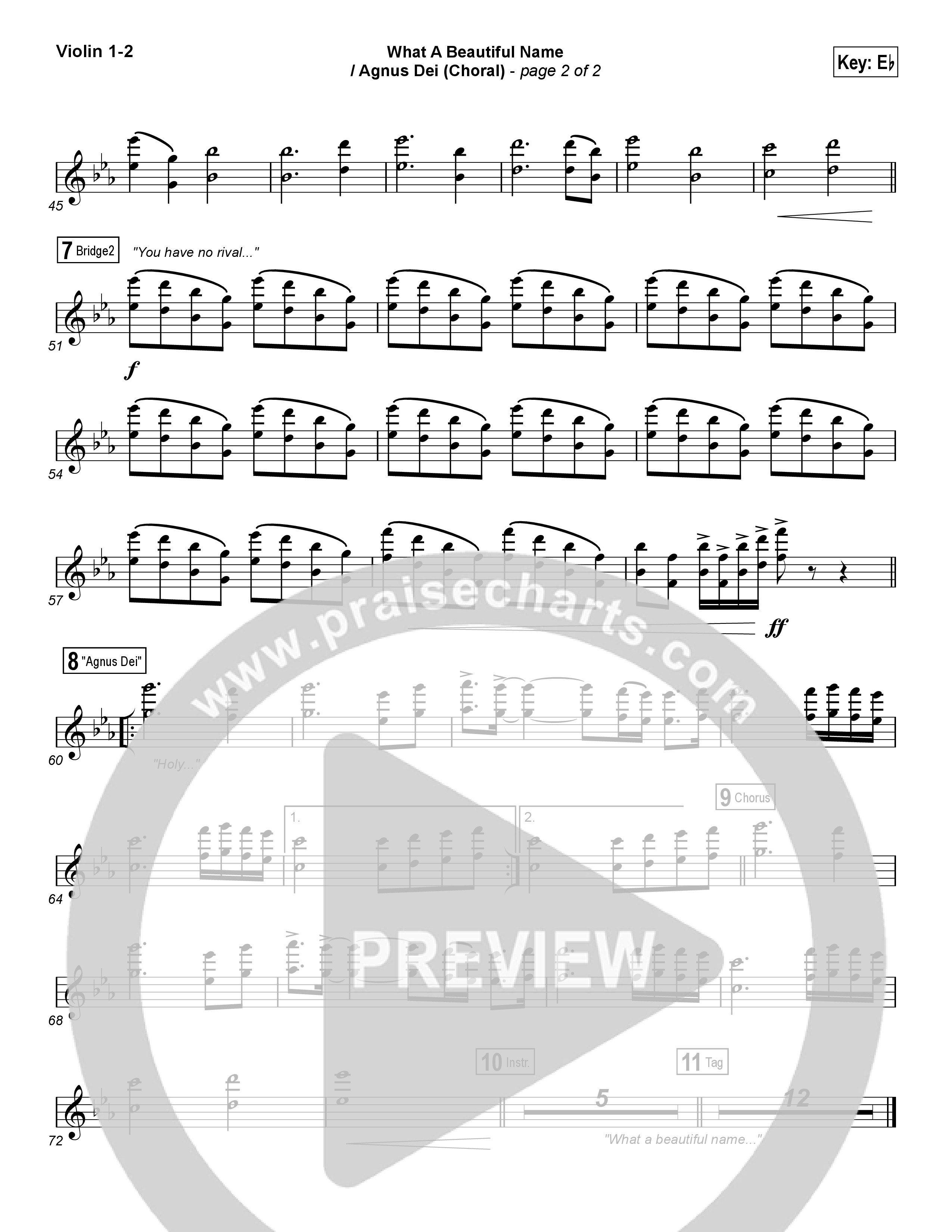 What A Beautiful Name / Agnus Dei (Medley) (Choral Anthem SATB) Violin 1/2 (Travis Cottrell / Arr. Luke Gambill)