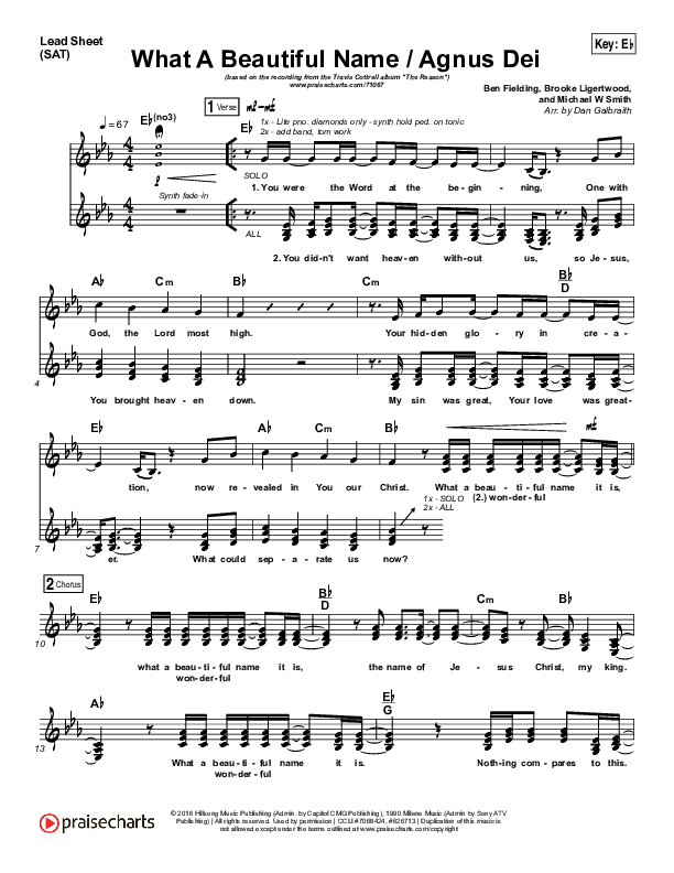 What A Beautiful Name / Agnus Dei (Medley) (Choral Anthem SATB) Lead Sheet (SAT) (Travis Cottrell / Arr. Luke Gambill)
