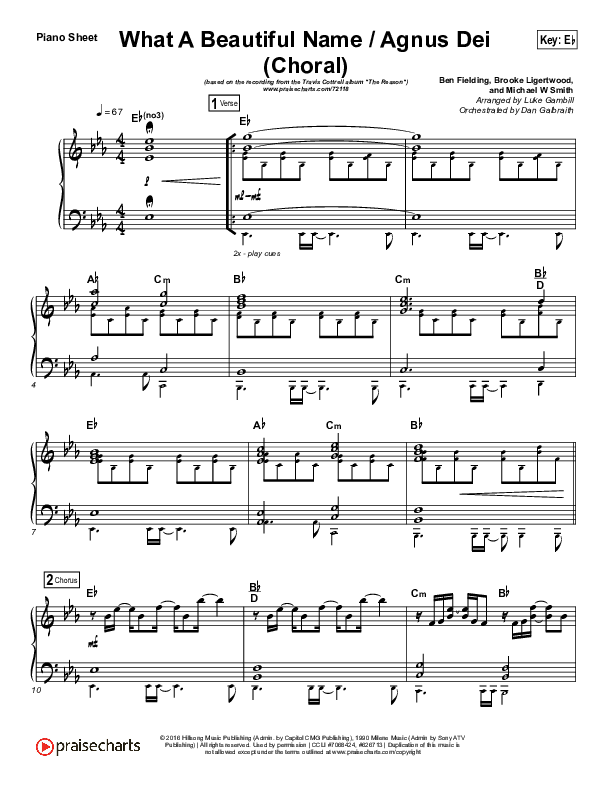 What A Beautiful Name / Agnus Dei (Medley) (Choral Anthem SATB) Piano Sheet (Travis Cottrell / Arr. Luke Gambill)