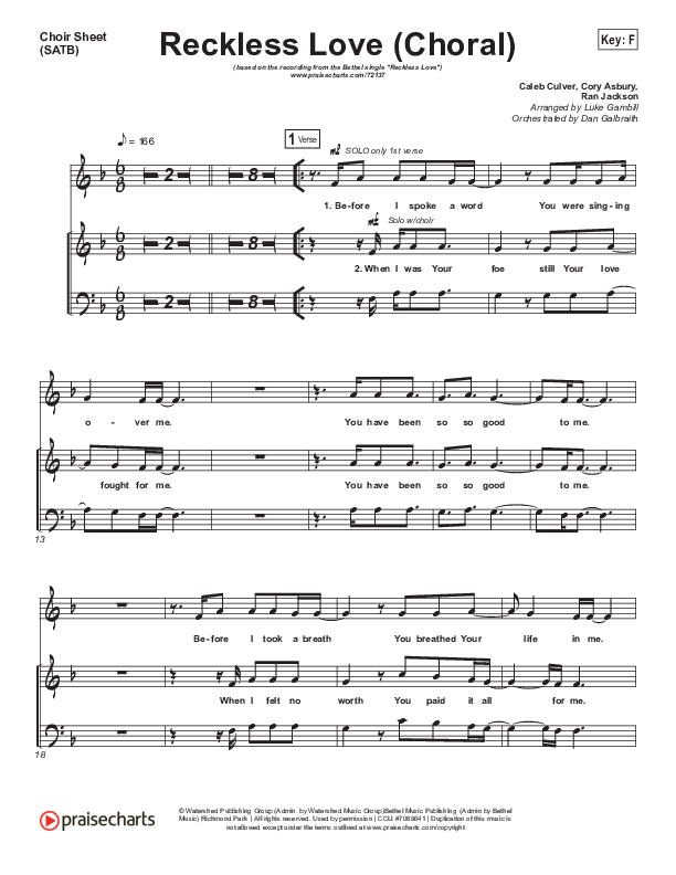 Reckless Love (Choral Anthem SATB) Choir Sheet (SATB) (Bethel Music / Cory Asbury / Arr. Luke Gambill)
